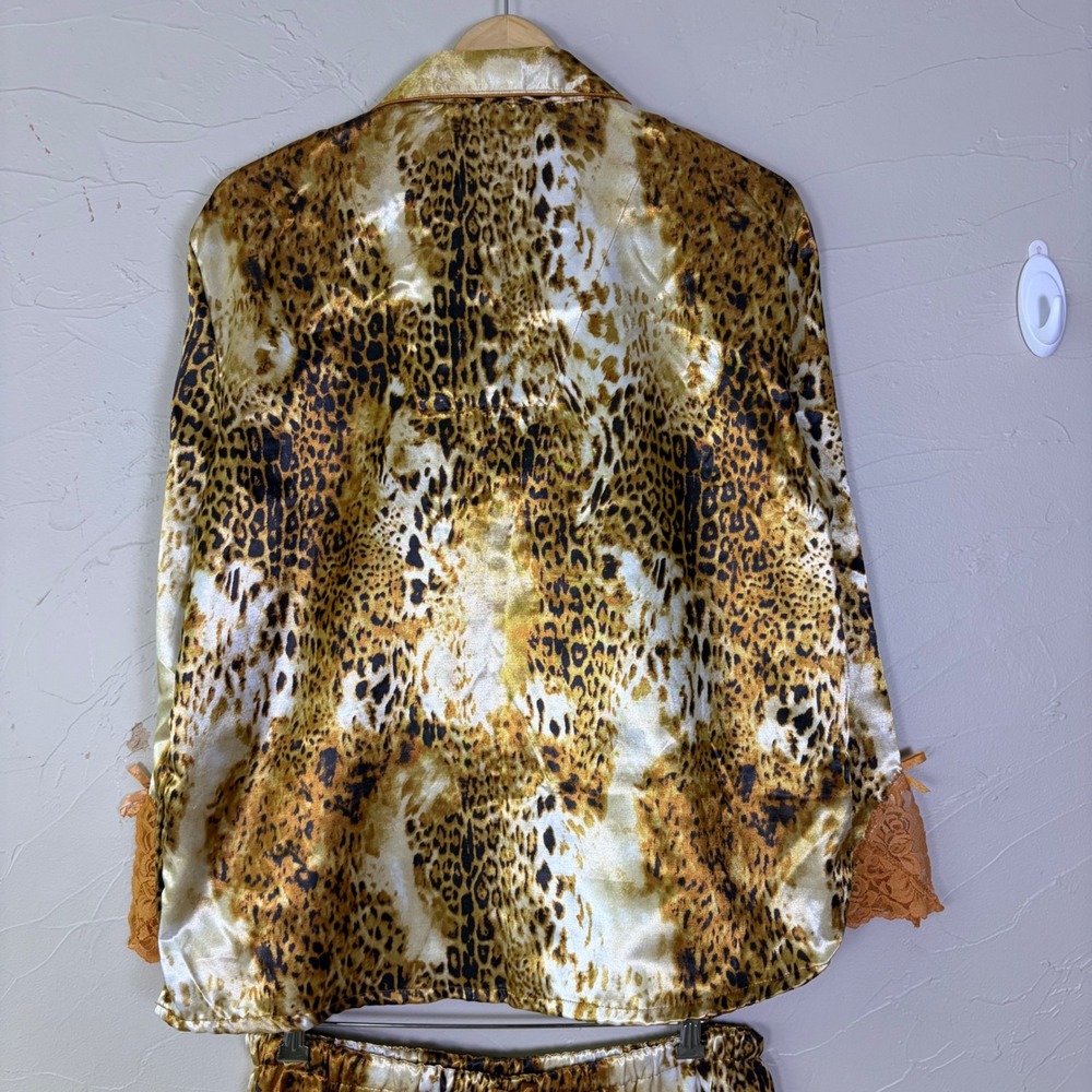 Robert Louis Pajama Set Womens Large Leopard Print Satin Lace Trim Mob Wife - Picture 3 of 7